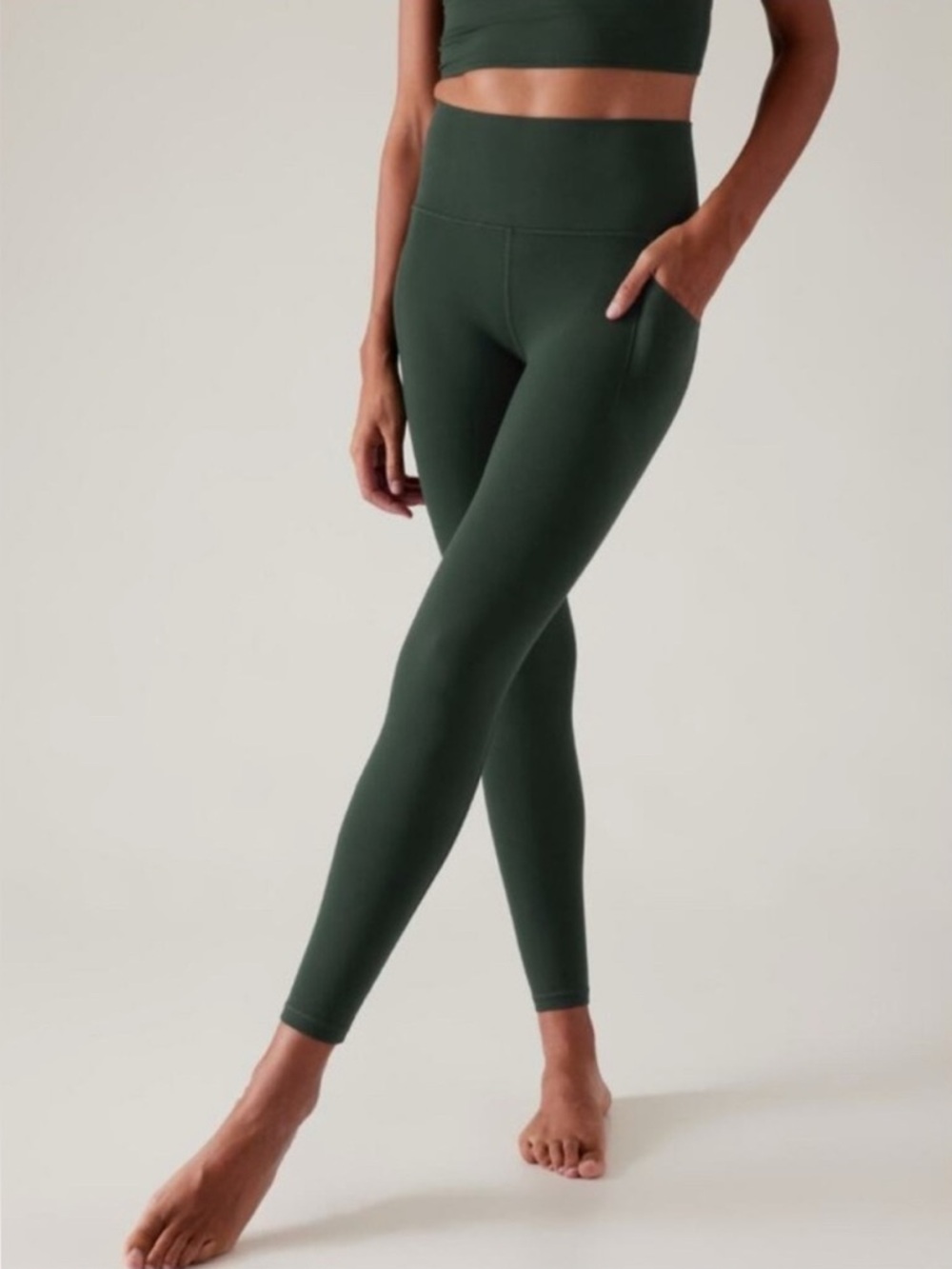 Athleta Salutation Stash Leggings Women M Green High Rise Pockets Yoga